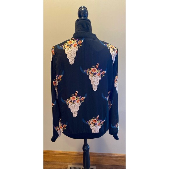 Fab’rik Bomber Jacket Size Medium Bison Head Floral Full Zip Front Lightweight - Picture 6 of 11